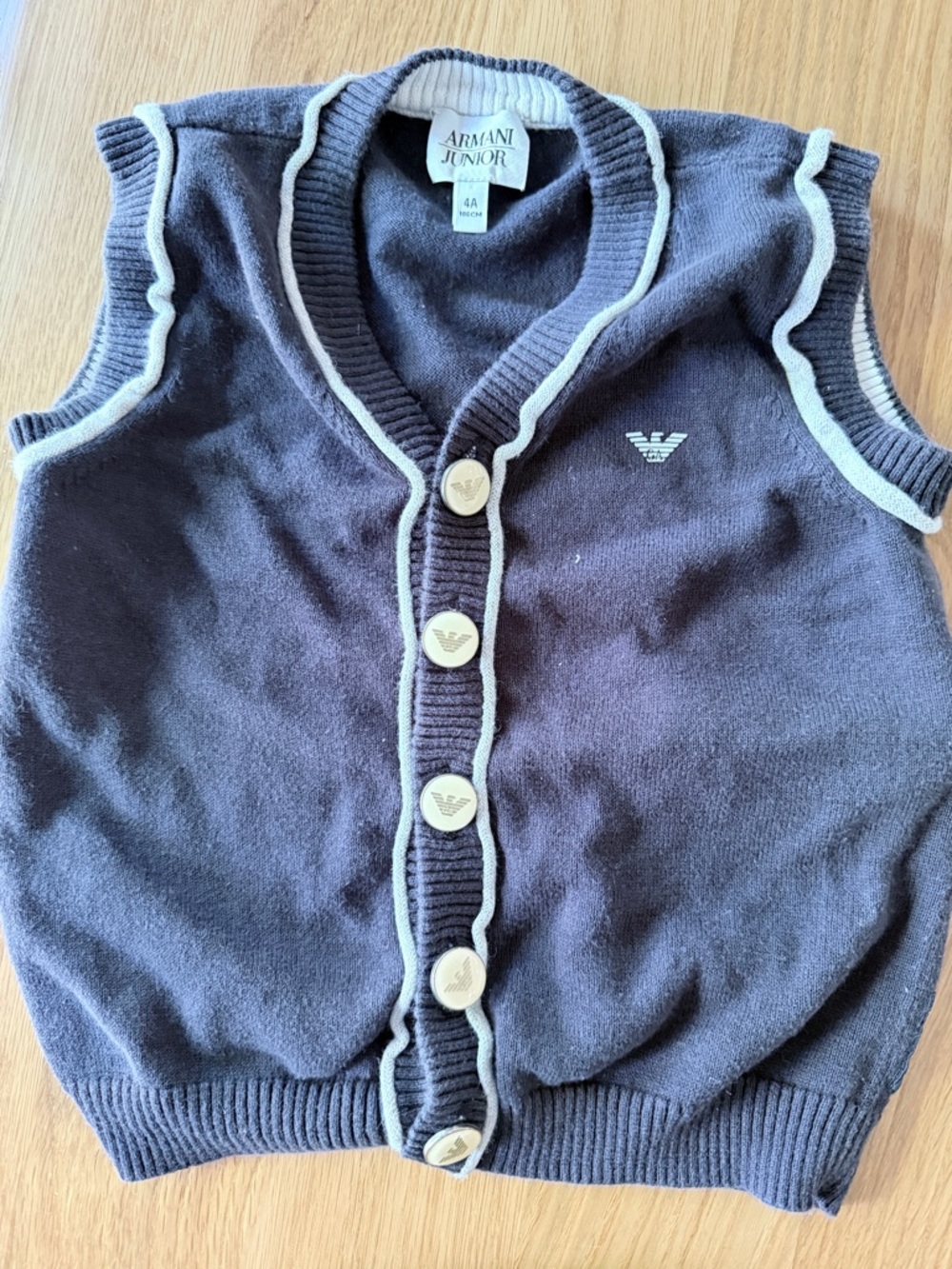 Armani Junior Gray Knit Button Vest with Cream Trim 4T
